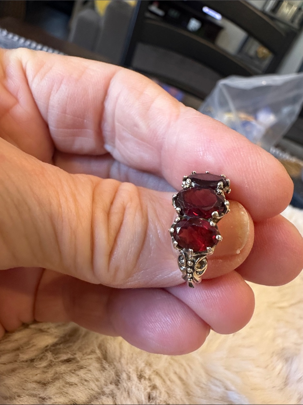 Sterling Silver Garnet Three-Stone Ring - Deep Red - Picture 4 of 5
